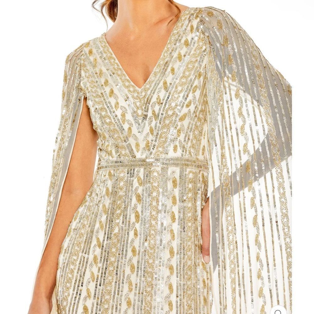 NWT Mac Duggal 5915 SEQUINED V-NECK GOWN Dress WITH CAPE SLEEVES Nude Silver 8 - Picture 3 of 15